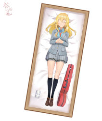 Rule 34 | 1girl, absurdres, blazer, blonde hair, coffin, corpse, closed eyes, own hands clasped, highres, instrument, jacket, long hair, matsuo ringo, miyazono kawori, necktie, own hands together, school uniform, shigatsu wa kimi no uso, skirt, smile, solo, spoilers, violin