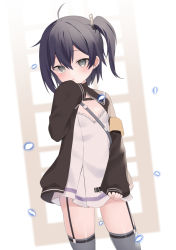 Rule 34 | 1girl, ahoge, black hair, black jacket, blush, breasts, character request, commentary request, dhana opini, dress, frilled dress, frills, garter straps, grey eyes, hair between eyes, hand up, jacket, long sleeves, looking at viewer, one side up, parted lips, petals, puffy long sleeves, puffy sleeves, sleeves past fingers, sleeves past wrists, small breasts, solo, soulworker, thighhighs, usagimiko, white background, white dress, window