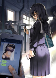 Rule 34 | 2boys, 2girls, bag, black hair, black skirt, blush, bra, breasts, brown eyes, bus, bus interior, chat log, clothes in mouth, clothes lift, commentary request, curtains, dojirou, fake phone screenshot, fake screenshot, glasses, hair between eyes, highres, lace, lace bra, lace panties, line (naver), long hair, long skirt, looking at viewer, low tied hair, mole, mole on breast, motor vehicle, mouth hold, multiple boys, multiple girls, navel, original, panties, photo comparison, pleated skirt, pov, purple bra, purple panties, school bag, school uniform, seat, selfie, serafuku, shaking, shirt in mouth, shirt lift, skirt, standing, stomach, sweatdrop, text messaging, thighs, timestamp, translated, underwear, unworn skirt