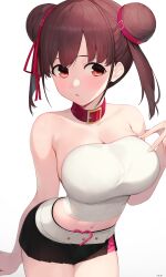 Rule 34 | 1girl, absurdres, arm behind back, bare shoulders, belt chain, black skirt, breasts, cleavage, cowboy shot, double bun, hair bun, highres, idolmaster, idolmaster shiny colors, jam (nandade), large breasts, leaning forward, midriff, miniskirt, navel, parted lips, pleated skirt, red eyes, shirt, simple background, skirt, solo, sonoda chiyoko, strapless, tareme, tight clothes, tight shirt, tube top, white background, white shirt