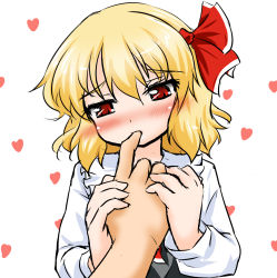 Rule 34 | 1girl, blonde hair, blush, finger in another&#039;s mouth, hair ribbon, kamishima yuu, open mouth, red eyes, ribbon, rumia, saliva, short hair, touhou