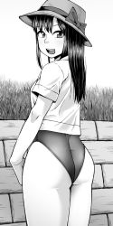 Rule 34 | 1girl, :d, ass, bucket hat, cowboy shot, crop top, from behind, grass, greyscale, hat, highleg, highleg swimsuit, highres, kurozu (crozu), long hair, looking at viewer, looking back, monochrome, open mouth, original, outdoors, shirt, short sleeves, smile, solo, swimsuit, teeth, thighs
