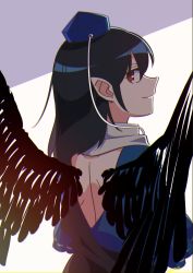 Rule 34 | 1girl, back cutout, black hair, black wings, blue hat, blue shirt, clothing cutout, dated, feathered wings, from behind, hat, highres, iizunamaru megumu, long hair, looking back, pointy ears, red eyes, shikido (khf), shirt, simple background, smile, solo, tokin hat, touhou, upper body, white background, wings