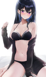 Rule 34 | 1girl, absurdres, bad id, bad twitter id, black bra, black hair, black panties, black shirt, blue hair, blush, bra, breasts, cleavage, closed mouth, clothes down, colored inner hair, ear piercing, highres, long hair, long sleeves, looking at viewer, medium breasts, mole, mole on body, mole on breast, mole on thigh, mole under eye, multicolored hair, nanashinayuzu mochi, navel, open clothes, open shirt, original, panties, piercing, purple eyes, shirt, shirt down, sitting, solo, stomach, straight hair, underwear, wariza