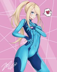 Rule 34 | 1girl, blue bodysuit, bodysuit, breast press, breasts, covered navel, covering privates, covering breasts, cowboy shot, dated, heart, high ponytail, looking at viewer, medium breasts, metroid, nintendo, ponytail, samus aran, scarlet zel, signature, skin tight, solo, spoken heart, zero suit