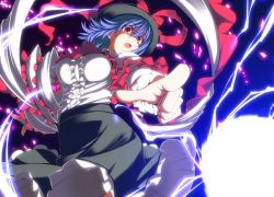 Rule 34 | 1girl, blue hair, breasts, capelet, electricity, energy ball, female focus, foreshortening, hat, hat ribbon, highres, iwanori, large breasts, light, lightning, nagae iku, open mouth, pointing, red eyes, ribbon, shawl, shirt, short hair, skirt, solo, touhou