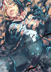Rule 34 | 1girl, blonde hair, blue eyes, breasts, cameltoe, commentary request, jelly shrimp, marvel, nipples, one eye closed, open mouth, she-venom, solo, symbiote, teeth, tongue