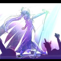 Rule 34 | 1girl, blue dress, closed eyes, concert, crowd, dress, fist pump, hand gesture, iesupa, letterboxed, long hair, microphone, microphone stand, music, ponytail, real life, rwby, scar, scar across eye, scar on face, singing, very long hair, voice actor connection, weiss schnee, white hair