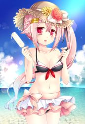 Rule 34 | 10s, 1girl, beach, blue hair, braid, breasts, cleavage, cloud, day, flower, food, frilled skirt, frills, gradient hair, groin, harusame (kancolle), hat, kantai collection, medium breasts, multicolored hair, navel, outdoors, pink hair, popsicle, red eyes, ringo sui, skirt, solo, strap slip, straw hat, swimsuit, water