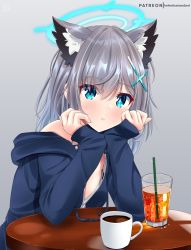 Rule 34 | 1girl, alternate costume, animal ears, arm support, blue archive, blue eyes, coffee, coffee mug, commentary request, cross hair ornament, cup, drinking glass, drinking straw, grey hair, hair between eyes, hair ornament, halo, head rest, helvetica std, highres, hood, hooded jacket, ice, ice cube, iced tea, jacket, long sleeves, looking at viewer, mismatched pupils, mug, parted lips, shiroko (blue archive), short hair, sidelocks, simple background, solo, spaghetti strap, table, wolf ears, wolf girl