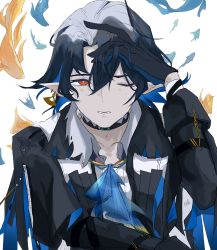 Rule 34 | 1boy, angelfish, arknights, ascot, black choker, black hair, black jacket, blue ascot, choker, fish, highres, itou2, jacket, long sleeves, looking at viewer, lumen (arknights), male focus, one eye closed, orange eyes, parted lips, pointy ears, short hair, solo, upper body, white background