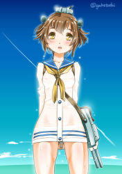 Rule 34 | 10s, 1girl, blue sky, breasts, brown eyes, brown hair, day, covered erect nipples, headgear, kantai collection, looking at viewer, open mouth, school uniform, serafuku, short hair, sky, small breasts, sogabe toshinori, solo, turret, wet, wet clothes, yukikaze (kancolle)