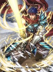 Rule 34 | 1boy, armor, cape, company name, fire emblem, fire emblem: radiant dawn, fire emblem cipher, headband, holding, holding sword, holding weapon, ike (fire emblem), kuroba.k, kuroba k, muscular, muscular male, nintendo, official art, sword, weapon