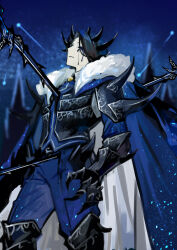Rule 34 | 1boy, armor, armored boots, black footwear, black tears, blue cape, blue hair, blue pants, blue vest, boots, cape, constellation, e.g.o (project moon), fur-trimmed cape, fur trim, gauntlets, highres, knight of despair, library of ruina, long hair, male focus, nishikujic, pants, parted lips, pauldrons, project moon, roland (project moon), shoulder armor, solo, space print, stab, starry sky print, very long hair, vest