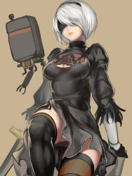 Rule 34 | 1girl, android, black dress, black thighhighs, blindfold, breasts, cleavage cutout, clothing cutout, commentary, dress, hairband, highres, kumiko shiba, leotard, lips, long sleeves, medium breasts, mole, mole under mouth, nier (series), nier:automata, nose, panties, pantyshot, pod (nier:automata), puffy long sleeves, puffy sleeves, short hair, silver hair, simple background, solo, thighhighs, thighs, underwear, white panties, 2b (nier:automata), zettai ryouiki