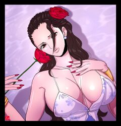 Rule 34 | 1girl, absurdres, bare arms, bare shoulders, black border, black hair, border, bracelet, breasts, brown eyes, chris re5, dress, earrings, fashion, flower, hair over one eye, highres, holding, jewelry, large breasts, lips, nail polish, one piece, parted lips, red nails, rose, sketch, solo, upper body, viola (one piece)