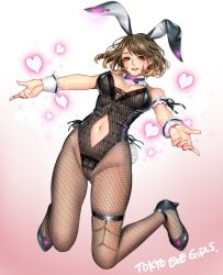 Rule 34 | 1girl, animal ears, argyle, argyle clothes, argyle cutout, arm garter, arm strap, bare shoulders, black bow, black bowtie, black leotard, blush, bow, bowtie, breasts, brooch, brown eyes, brown hair, clothing cutout, detached collar, fake animal ears, fishnet pantyhose, fishnets, full body, gluteal fold, gradient background, heart, high heels, highleg, highleg leotard, jewelry, large breasts, leotard, looking at viewer, masami chie, navel, navel cutout, official art, original, outstretched arms, pantyhose, playboy bunny, rabbit ears, rabbit tail, short hair, smile, solo, tail, tokyo exe girls, wrist cuffs