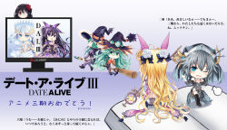 Rule 34 | 6+girls, announcement celebration, armored boots, black hair, blonde hair, blue eyes, book, boots, broom, broom riding, chibi, commentary request, date a live, detached sleeves, dual persona, eyepatch, flower, green eyes, green hair, grey hair, habit, hair bun, hair flower, hair ornament, hair ribbon, hat, honjou nia, hoshimiya mukuro, key, long hair, monitor, multiple girls, natsumi (date a live), one eye closed, purple eyes, purple hair, red eyes, ribbon, short hair, source request, striped legwear, sword, thigh boots, thighhighs, tobiichi origami, tokisaki kurumi, translation request, tsubasaki, very long hair, weapon, white hair, witch hat, yatogami tooka