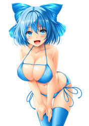 Rule 34 | 1girl, bare shoulders, bikini, blue bikini, blue eyes, blue hair, blue sky, blue thighhighs, blush, breasts, cirno, cleavage, cloud, collarbone, commentary, commission, crystal wings, hair ribbon, hand on own leg, highres, kamiya tomoe, large breasts, leaning forward, light blue hair, looking at viewer, medium hair, midriff, navel, ocean, open mouth, pixiv commission, redrawn, ribbon, side-tie bikini bottom, sidelocks, simple background, sky, swimsuit, thighhighs, touhou, white background