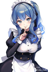 Rule 34 | 1girl, alternate costume, apron, artist name, black dress, blue eyes, blue hair, breasts, dress, eckert&amp;eich, enmaided, finger to mouth, frilled apron, frills, gotland (kancolle), highres, index finger raised, kantai collection, long hair, looking at viewer, maid, maid day, maid headdress, medium breasts, mole, mole under eye, ponytail, smile, solo, twitter username, white apron
