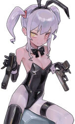 Rule 34 | 1girl, absurdres, animal ears, bow, bowtie, breasts, bright pupils, detached collar, dual wielding, elbow gloves, fake animal ears, gloves, green eyes, gun, handgun, heterochromia, highres, holding, holding gun, holding weapon, leotard, looking at viewer, neon (saaal653), original, pantyhose, pink eyes, playboy bunny, rabbit ears, saaal653, single thighhigh, small breasts, solo, strapless, strapless leotard, thigh strap, thighhighs, twintails, weapon, white hair, white pantyhose, white pupils, wrist cuffs