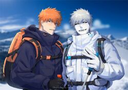 Rule 34 | 2boys, asure (asure twi), backpack, bag, black gloves, black sclera, bleach, blue sky, brown eyes, buckle, cloud, colored sclera, colored skin, gloves, highres, hiking pole, holding, holding pole, hollow ichigo, hood, hood down, hooded coat, kurosaki ichigo, looking at viewer, male focus, mountain climbing, mountainous horizon, multiple boys, orange hair, parka, pole, sky, smile, snap-fit buckle, spiked hair, upper body, v, white gloves, white hair, white skin, winter clothes, yellow eyes