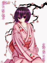 Rule 34 | 1girl, absurdres, alternate eye color, alternate hair color, artist name, bob cut, branch, breasts, cherry blossoms, cherry print, closed mouth, collarbone, commentary, dated, english commentary, expressionless, flower, food print, hair between eyes, hair strand, highres, japanese clothes, kimono, light blush, long sleeves, looking at viewer, medium breasts, mixed-language commentary, monogatari (series), on ground, oshino ougi, pink flower, pink kimono, purple eyes, purple hair, sarashi, sbinnalatony, short hair, signature, sitting, sleeves past fingers, sleeves past wrists, solo, turning head, twitter username, very long sleeves, white background, wide sleeves, yokozuwari