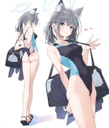 Rule 34 | 1girl, ass, back cutout, bag, black footwear, blue archive, blush, breasts, clothing cutout, competition swimsuit, duffel bag, feet, feet out of frame, full body, grey hair, groin, halo, hayashi kewi, heart, highres, legs, light smile, looking at viewer, looking back, medium breasts, multiple views, nape, one-piece swimsuit, ponytail, sandals, shiroko (blue archive), shiroko (swimsuit) (blue archive), simple background, swimsuit, toes, wedgie, white background