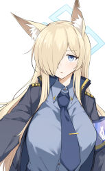 Rule 34 | 1girl, animal ear fluff, animal ears, black jacket, black necktie, blonde hair, blue archive, blue eyes, blue halo, blue shirt, blush, breasts, collared shirt, hair over one eye, halo, highres, jacket, kanna (blue archive), large breasts, long hair, long sleeves, looking at viewer, necktie, open clothes, open jacket, open mouth, sakikumo (sakumo), shirt, simple background, solo, upper body, white background