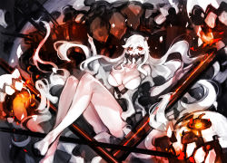 Rule 34 | 10s, 1girl, abyssal ship, bare legs, breasts, cleavage, covering own mouth, da-kuro, dakuro, dress, horns, kantai collection, large breasts, legs, long hair, looking at viewer, machinery, midway princess, pale skin, red eyes, very long hair, white dress