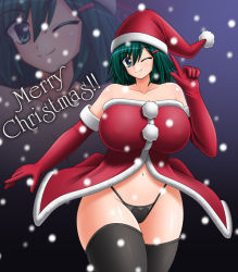 Rule 34 | artist request, breasts, character request, christmas, curvy, elbow gloves, gloves, green eyes, green hair, hair ornament, hairclip, hat, hip focus, huge breasts, pointing, santa costume, santa hat, short hair, smile, snow, thick thighs, thighhighs, thighs, thong, wide hips, wink