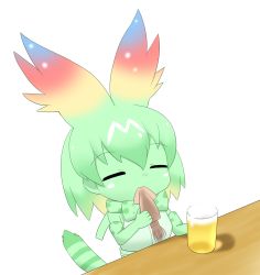 Rule 34 | 10s, 1girl, alcohol, animal ears, bare shoulders, beer, beer mug, blonde hair, bow, cellval, closed eyes, colored skin, cup, drinking glass, elbow gloves, facing viewer, foam, food, gloves, gradient hair, green bow, green gloves, green hair, green shirt, green skin, hair between eyes, highres, holding, holding cup, holding food, kemono friends, mug, multicolored hair, serval print, serval tail, shin01571, shirt, simple background, sleeveless, sleeveless shirt, solo, squid, striped tail, tail, white background