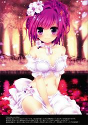 Rule 34 | 1girl, absurdres, bare shoulders, between legs, blush, braid, breasts, cherry blossoms, choker, cleavage, flower, forest, frills, hair flower, hair ornament, hand between legs, highres, large breasts, light smile, long hair, looking at viewer, midriff, nature, navel, nemuri nemu, original, petals, pink hair, purple eyes, sarong, scan, sitting, smile, solo, thighhighs, translation request, white thighhighs