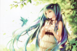 Rule 34 | 1girl, absurdres, alternate costume, bare shoulders, bird, blue hair, choker, dress, fingers together, green eyes, hatsune miku, highres, long hair, nature, neck ribbon, parted lips, ribbon, scan, smile, solo, strapless, strapless dress, sundress, tidsean, twintails, vocaloid, white background, white dress
