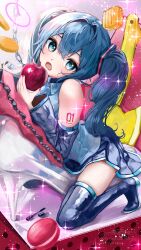 Rule 34 | 1girl, apple, bare shoulders, black skirt, black sleeves, blue eyes, blue hair, blue necktie, boots, chain, collar, collared shirt, commentary, detached sleeves, food, fruit, full body, hair tie, hatsune miku, highres, holding, holding food, holding fruit, kneeling, long hair, looking at viewer, nail polish, necktie, number tattoo, pillow, pleated skirt, red apple, red nails, romeo to cinderella (vocaloid), shirt, shirubaa, sidelocks, skirt, sleeveless, sleeveless shirt, solo, tattoo, thigh boots, thighhighs, thighs, twintails, vocaloid, white shirt, zettai ryouiki