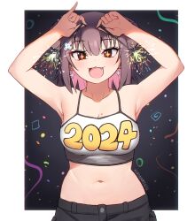 Rule 34 | 1girl, 2024, :3, :d, armpits, belly, breasts, cleavage, crop top, earrings, fang, fireworks, hair bun, happy new year, highres, holding fireworks, jewelry, kuronami616, looking at viewer, medium breasts, mole, mole on breast, new year, open mouth, original, self-upload, short hair, simple background, smile, sparkle, sparkling eyes