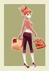 Rule 34 | 1girl, alternate costume, ass, bag, border, capri pants, contemporary, earrings, female focus, hair up, heart, high heels, highres, jewelry, looking at viewer, marmaladica, nami (one piece), one piece, orange hair, pants, polka dot, polka dot ribbon, ribbon, smile, socks, solo, standing, white socks