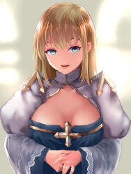 Rule 34 | 1girl, aqua eyes, arch bishop (ragnarok online), blonde hair, breasts, cleavage, collarbone, eyelashes, fingernails, highres, juliet sleeves, large breasts, lips, long hair, long sleeves, lower teeth only, open mouth, own hands together, pink lips, puffy sleeves, ragnarok online, sail (sail-away), smile, solo, straight-on, straight hair, teeth, upper body, wide sleeves