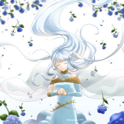 Rule 34 | 1girl, absurdres, artist name, blue dress, blue flower, blue hair, blue sleeves, closed eyes, closed mouth, commentary request, detached sleeves, dress, eyelashes, fire emblem, fire emblem: the blazing blade, flower, highres, long hair, midori no baku, ninian (fire emblem), nintendo, own hands together, solo, twitter username, white background