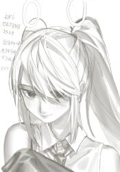 Rule 34 | 1girl, alternate costume, alternate hairstyle, bags under eyes, bare shoulders, closed mouth, collared shirt, commentary request, floating headgear, greyscale, hair over one eye, hatsune miku, headgear, highres, inemuri (jdq5e), long hair, looking at viewer, monochrome, necktie, portrait, shirt, simple background, sleeveless, sleeveless shirt, solo, translation request, twintails, vocaloid
