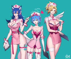 Rule 34 | 10s, 3girls, adapted costume, ahri (league of legends), alternate costume, animal ears, arm tattoo, artist name, bare shoulders, belt, blonde hair, blue eyes, blue hair, blunt bangs, blush, bow, bow legwear, breasts, bridal garter, choker, citemer, cleavage, clipboard, closed mouth, collarbone, collared dress, commentary, contrapposto, corset, cowboy shot, cross, cross print, crossover, detached collar, dress, elbow gloves, english text, eyes visible through hair, fingernails, fox ears, garter straps, gloves, gluteal fold, green background, groin, hair between eyes, hair bow, hair ornament, hairpin, hand on own chest, hand on own hip, hand up, hat, heart, heart choker, heart hair ornament, high ponytail, holding, large breasts, league of legends, legs together, leotard, lipstick, long fingernails, looking at viewer, makeup, medium breasts, mercy (overwatch), mini wings, multiple crossover, multiple girls, nail polish, neck ribbon, nose, nurse, nurse cap, open mouth, overwatch, overwatch 1, pink belt, pink bow, pink dress, pink hat, pink lips, pink nails, pink ribbon, purple ribbon, re:zero kara hajimeru isekai seikatsu, red cross, red leotard, red nails, rem (re:zero), ribbon, round teeth, short dress, short hair, short wings, shoulder pads, simple background, single wing, skindentation, sleeveless, sleeveless dress, smile, standing, strapless, strapless leotard, syringe, tassel, tattoo, teeth, thigh strap, thighhighs, upper teeth only, white bow, white choker, white gloves, white legwear, wing collar, wings, wrist cuffs, x hair ornament, yellow eyes