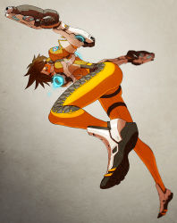 Rule 34 | 1girl, ass, bodysuit, bomber jacket, brown jacket, chest harness, commentary request, dual wielding, from below, full body, gloves, goggles, grey background, gun, harness, highres, holding, jacket, leather, leather jacket, looking down, machine pistol, orange-tinted eyewear, orange bodysuit, overwatch, overwatch 1, pants, shoes, sneakers, solo, tight clothes, tight pants, tinted eyewear, tracer (overwatch), visor, weapon, yoshimura ken&#039;ichirou
