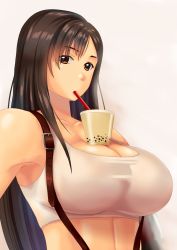 Rule 34 | 1girl, bare shoulders, black hair, breasts, brown eyes, bubble tea, bubble tea challenge, cleavage, drinking, final fantasy, final fantasy vii, highres, large breasts, long hair, looking at viewer, solo, straw, tifa lockhart, upper body