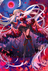 1girl absurdly_long_hair absurdres akusamu alternate_costume azur_lane breasts brown_pantyhose dark_persona dress formidable_(azur_lane) frilled_dress frills full_body grey_hair highres large_breasts long_hair moon pantyhose red_dress red_eyes red_moon solo twintails very_long_hair