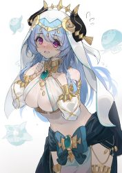 Rule 34 | 1girl, absurdres, areola slip, bare shoulders, blue bow, blue hair, blush, bow, breasts, brooch, cosplay, cowboy shot, crop top, detached sleeves, flying sweatdrops, fungi (genshin impact), ganyu (genshin impact), genshin impact, hands on own chest, heart, heart-shaped pupils, highres, horns, jewelry, large breasts, long hair, long sleeves, looking at viewer, midriff, navel, nilou (genshin impact), nilou (genshin impact) (cosplay), nose blush, open mouth, purple eyes, revealing clothes, simple background, solo, standing, stomach, symbol-shaped pupils, veil, very long hair, wet, white background, yamasede neiko