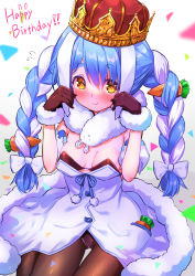 Rule 34 | 1girl, absurdres, blue hair, blush, bow, braid, breasts, brown eyes, brown gloves, brown leotard, brown pantyhose, carrot hair ornament, closed mouth, confetti, crown, detached sleeves, don-chan (usada pekora), dress, flying sweatdrops, food-themed hair ornament, fur-trimmed dress, fur-trimmed gloves, fur trim, gloves, hair between eyes, hair bow, hair ornament, hands up, happy birthday, highres, hololive, kutar22, leotard, medium breasts, multicolored hair, pantyhose, puffy short sleeves, puffy sleeves, short eyebrows, short sleeves, smile, solo, strapless, strapless dress, strapless leotard, thick eyebrows, twin braids, twintails, two-tone hair, usada pekora, usada pekora (1st costume), virtual youtuber, white bow, white dress, white hair, white sleeves