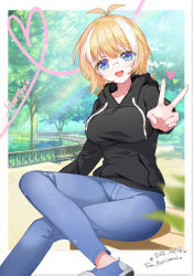 Rule 34 | 1girl, :d, absurdres, antenna hair, apple caramel, black hoodie, blonde hair, blue footwear, blue pants, blush, breasts, collarbone, commission, crossed legs, dated, denim, drawstring, feet out of frame, glass, heart, highres, hood, hood down, hoodie, jeans, large breasts, multicolored hair, open mouth, original, outstretched arm, pants, pixiv commission, round eyewear, shoes, sitting, smile, solo, streaked hair, teeth, upper teeth only, v, white hair