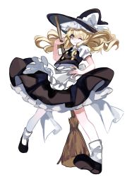 Rule 34 | 1girl, ;), apron, back bow, black footwear, black hat, black skirt, black vest, blonde hair, bow, broom, buttons, closed mouth, commentary, frilled apron, frilled hat, frills, full body, hair bow, hand on own hip, hat, hat bow, highres, holding, holding broom, kirisame marisa, legs apart, long hair, looking at viewer, marisa day, one eye closed, puffy short sleeves, puffy sleeves, shirt, shoes, short sleeves, skirt, smile, socks, solo, tamatetama, touhou, vest, waist apron, white background, white bow, white shirt, white socks, witch hat, yellow eyes