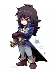 Rule 34 | 1boy, belt, black eyes, blue coat, boots, brown belt, brown footwear, brown gloves, brown hair, castlevania (series), closed mouth, coat, full body, gloves, grey pants, hand on own hip, kotorai, long hair, long sleeves, multiple belts, no nose, pants, richter belmont, signature, solo, star (symbol), v-shaped eyebrows, whip, white background