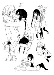 Rule 34 | 2girls, bad id, bad pixiv id, black hair, blush, casual, greyscale, hair ornament, hairclip, hand on another&#039;s head, hirasawa yui, holding own arm, hug, k-on!, lap pillow, leaning on person, leggings, long hair, lying, meno, monochrome, multiple girls, nakano azusa, reading, school uniform, sketch, translation request, twintails, yuri